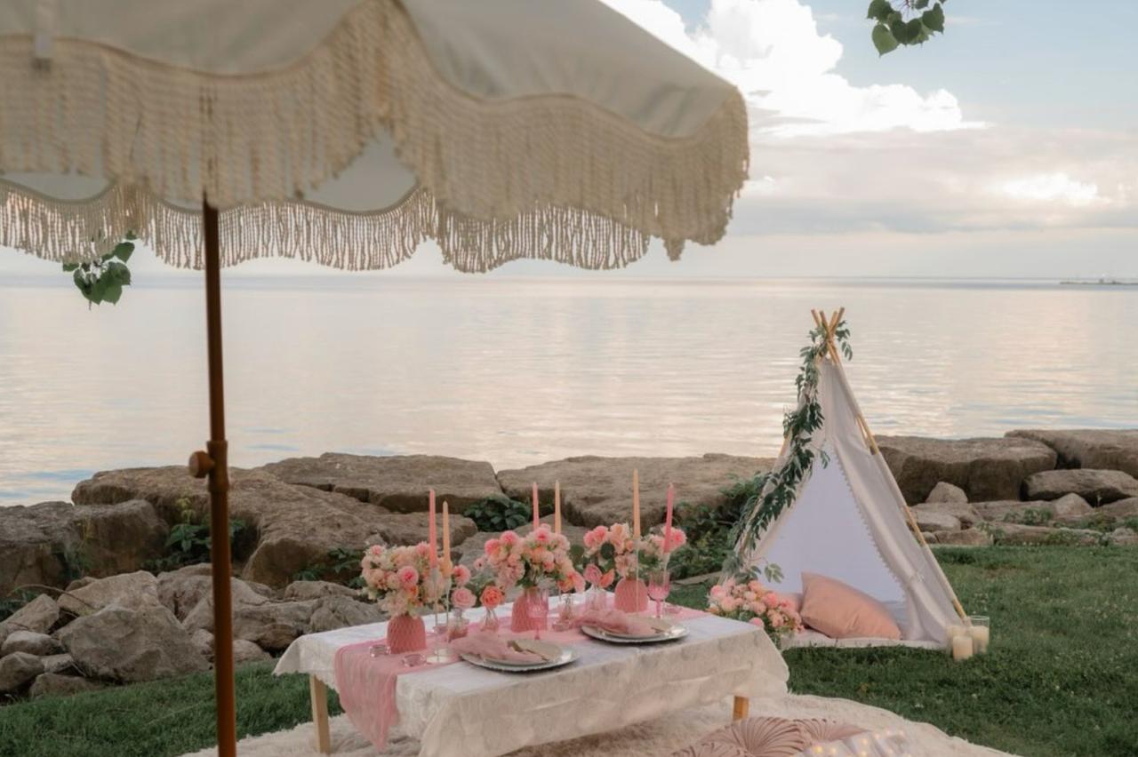Outdoor lakeside setup at golden hour