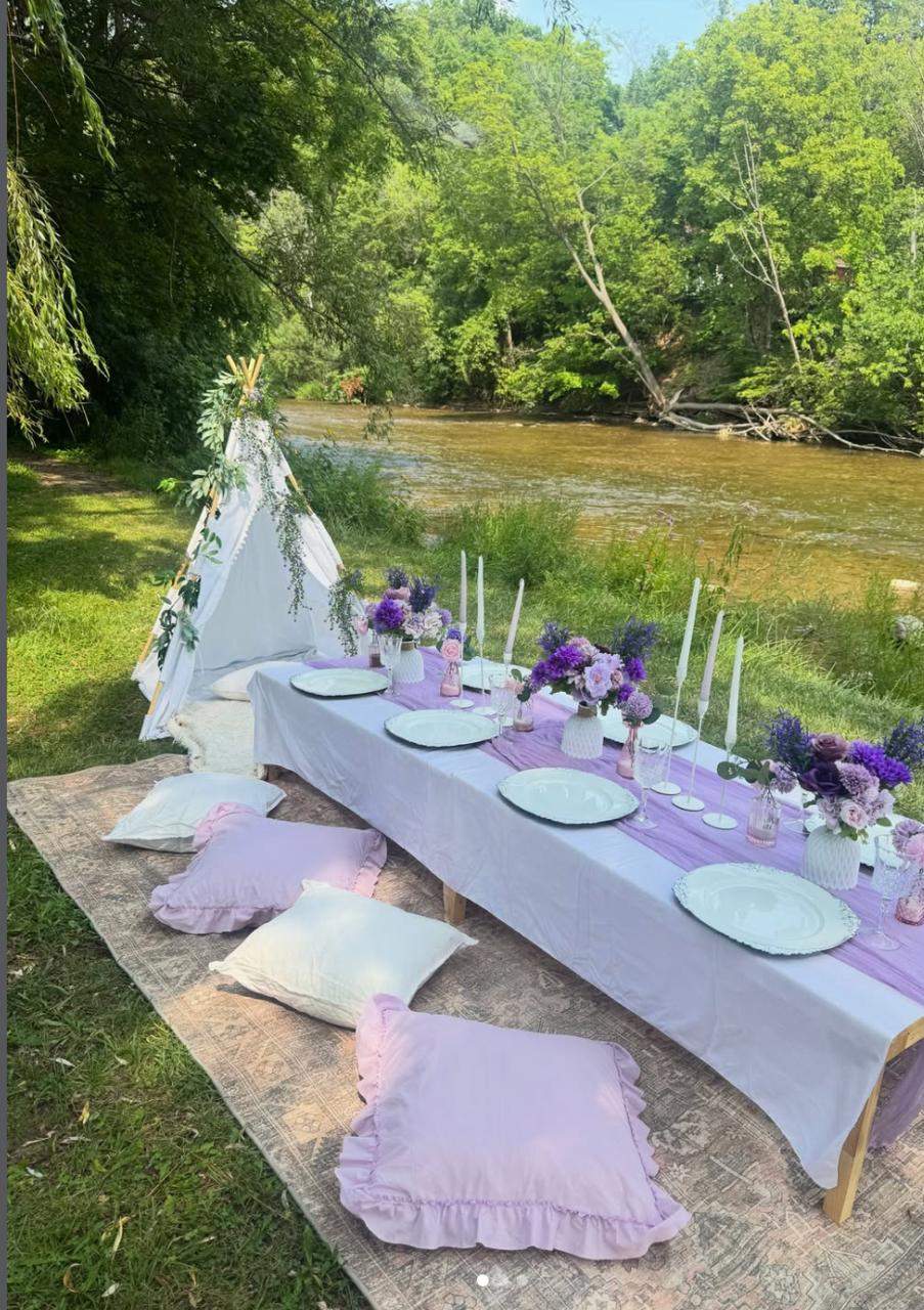 Riverside picnic table styled in lavender and ivory